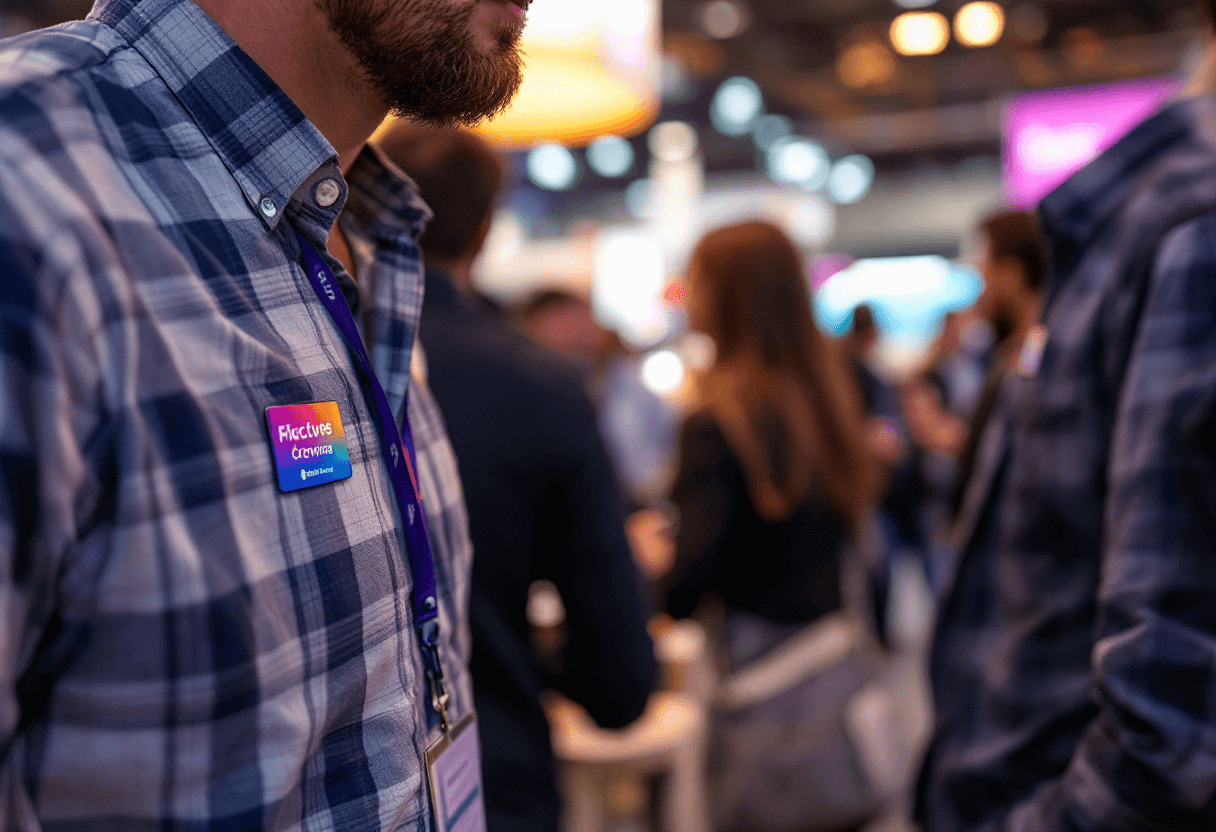 badges publicitaires portés dans un stand lors d'un salon