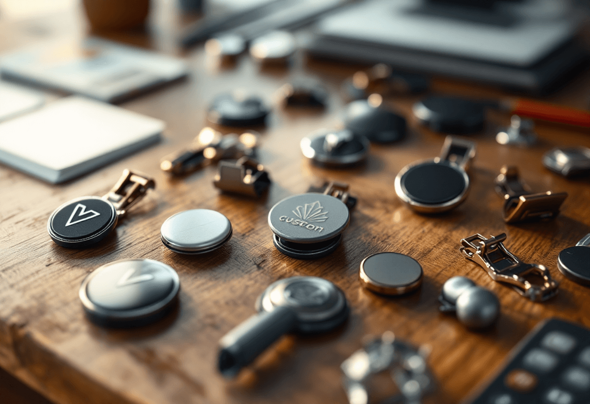 assortiment de badges personnalisés sur bureau